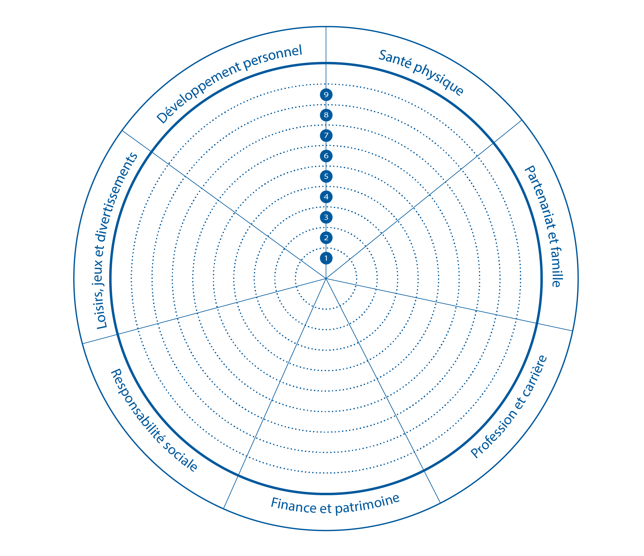Roue de la vie, dans laquelle on peut noter pour les catégories Santé physique, Partenariat et famille, Profession et carrière, Finances et prospérité, Responsabilité sociale, Loisirs, Jeu et plaisir ainsi que pour la Croissance personnelle sur une échelle de 1 à 10, à quel point on est satisfait de ce domaine.